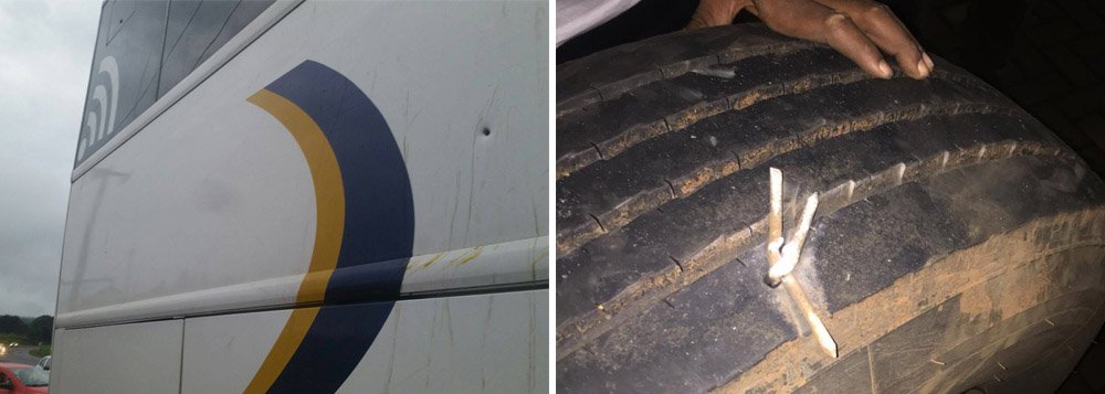 Delegado de Laranjeiras do Sul (PR), Fabiano de Oliveira, disse ter identificado as marcas de três disparos de arma de fogo – dois do lado esquerdo e um do lado direito - em dois ônibus da caravana do ex-presidente Luiz Inácio Lula da Silva pelo Sul do país. Segundo o delegado, os disparos teriam sido, provavelmente, feitos por duas pessoas diferentes, já que as marcas aparentam ser de armas diferentes e de baixo calibre, além de terem sido disparadas de direções diferentes; ônibus da comitiva também tiveram os pneus furados por grampos espalhados pela rodovia (Foto: Paulo Emílio) Delegado de Laranjeiras do Sul (PR), Fabiano de Oliveira, disse ter identificado as marcas de três disparos de arma de fogo – dois do lado esquerdo e um do lado direito - em dois ônibus da caravana do ex-presidente Luiz Inácio Lula da Silva pelo Sul do país. Segundo o delegado, os disparos teriam sido, provavelmente, feitos por duas pessoas diferentes, já que as marcas aparentam ser de armas diferentes e de baixo calibre, além de terem sido disparadas de direções diferentes; ônibus da comitiva também tiveram os pneus furados por grampos espalhados pela rodovia