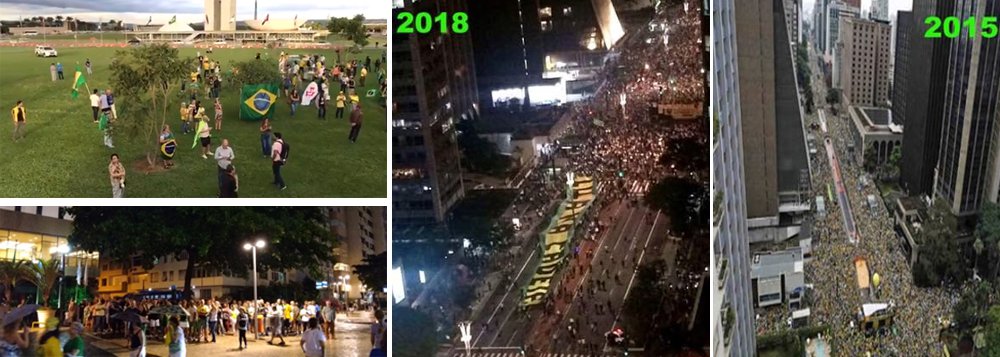 Com o golpe desmoralizado, assim como os movimentos que vinham convocando mobilizações, as manifestações desta terça-feira, 3, para pressionar o Supremo Tribunal Federal a negar o habeas corpus do ex-presidente Lula tiveram baixa adesão pelo país; em Brasília, o ato em frente ao Congresso Nacional foi um fiasco, reunindo poucas pessoas; no Rio, o grupo Vem Pra Rua não conseguiu juntar mais que algumas centenas de manifestantes em frente ao hotel Rio Othon Palace; na Avenida Paulista, manifestantes se reuniram perto do Masp para pedir a prisão do ex-presidente, bem diferente a favor do golpe que chegaram a lotar a avenida; nem com anúncios pagos em jornais aliados, manifestação anti-Lula se livrou do fracasso
(Foto: Aquiles Lins) Com o golpe desmoralizado, assim como os movimentos que vinham convocando mobilizações, as manifestações desta terça-feira, 3, para pressionar o Supremo Tribunal Federal a negar o habeas corpus do ex-presidente Lula tiveram baixa adesão pelo país; em Brasília, o ato em frente ao Congresso Nacional foi um fiasco, reunindo poucas pessoas; no Rio, o grupo Vem Pra Rua não conseguiu juntar mais que algumas centenas de manifestantes em frente ao hotel Rio Othon Palace; na Avenida Paulista, manifestantes se reuniram perto do Masp para pedir a prisão do ex-presidente, bem diferente a favor do golpe que chegaram a lotar a avenida; nem com anúncios pagos em jornais aliados, manifestação anti-Lula se livrou do fracasso