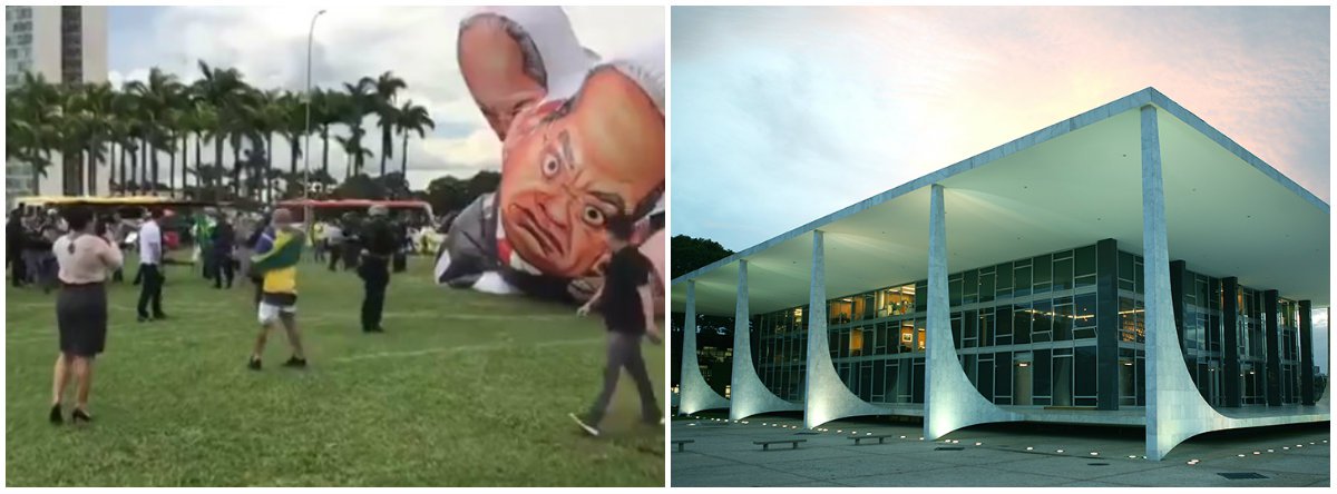 Manifestantes favoráveis e contrários à prisão do ex-presidente Lula dividiram a Praça dos Três Poderes, em Brasília, para acompanhar a votação de um habeas corpus dele no STF; PF usou spray de pimenta para conter protestos anti-Lula, por volta das 15h, antes de o processo entrar em pauta; o grupo tentava inflar um boneco de 8 metros de altura com as caricaturas do ex-presidente, do ex-ministro da Fazenda José Dirceu e do ministro do STF Gilmar Mendes (Foto: Leonardo Lucena) Manifestantes favoráveis e contrários à prisão do ex-presidente Lula dividiram a Praça dos Três Poderes, em Brasília, para acompanhar a votação de um habeas corpus dele no STF; PF usou spray de pimenta para conter protestos anti-Lula, por volta das 15h, antes de o processo entrar em pauta; o grupo tentava inflar um boneco de 8 metros de altura com as caricaturas do ex-presidente, do ex-ministro da Fazenda José Dirceu e do ministro do STF Gilmar Mendes