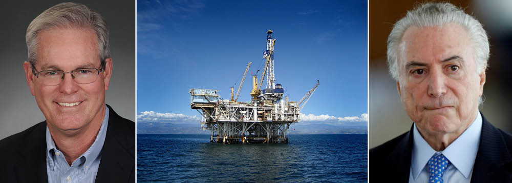 A petroleira ExxonMobil, dos Estados Unidos, comemorou o resultado do leilão do pré-sal, realizado por Michel Temer, no mesmo dia em que seus principais operadores foram presos por corrupção nos portos; “Esta área no jogo do pré-sal do Brasil proporcionará excelentes oportunidades para implantar nossa especialidade em águas profundas", disse o presidente da petroleira, Steve Greenlee; de acordo com a presidente deposta Dilma Rousseff e com o ex-presidente Lula, o petróleo foi o principal motivo do golpe de 2016 (Foto: Leonardo Attuch) A petroleira ExxonMobil, dos Estados Unidos, comemorou o resultado do leilão do pré-sal, realizado por Michel Temer, no mesmo dia em que seus principais operadores foram presos por corrupção nos portos; “Esta área no jogo do pré-sal do Brasil proporcionará excelentes oportunidades para implantar nossa especialidade em águas profundas", disse o presidente da petroleira, Steve Greenlee; de acordo com a presidente deposta Dilma Rousseff e com o ex-presidente Lula, o petróleo foi o principal motivo do golpe de 2016