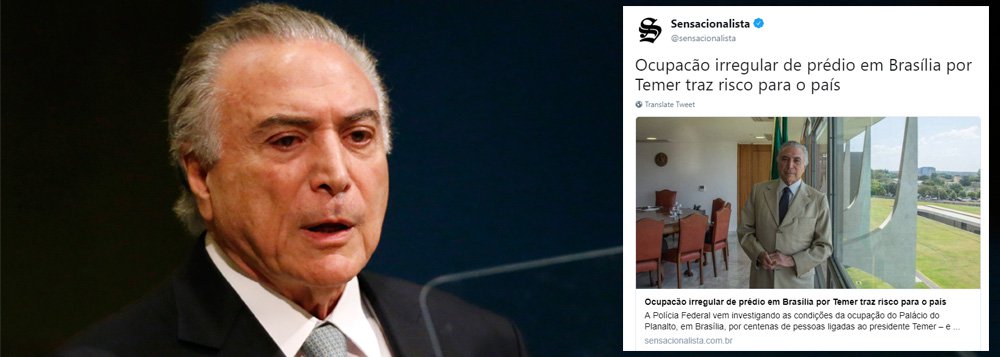 O site Sensacionalista publicou nesta quarta-feira, 2, uma sátira de Michel Temer em meio ao desabamento e incêndio do Edifício Wilton Paes de Almeida, no largo do Paissandu, no centro de São Paulo; "A Polícia Federal vem investigando as condições da ocupação do Palácio do Planalto, em Brasília, por centenas de pessoas ligadas ao presidente Temer – e o próprio. Segundo a PF, os atuais moradores, como assessores e ministros, pagam contribuições ilegais para continuar circulando pelos corredores. Quem teve acesso ao prédio diz que o ambiente é fétido e infestado por ratos"
(Foto: Aquiles Lins) O site Sensacionalista publicou nesta quarta-feira, 2, uma sátira de Michel Temer em meio ao desabamento e incêndio do Edifício Wilton Paes de Almeida, no largo do Paissandu, no centro de São Paulo; "A Polícia Federal vem investigando as condições da ocupação do Palácio do Planalto, em Brasília, por centenas de pessoas ligadas ao presidente Temer – e o próprio. Segundo a PF, os atuais moradores, como assessores e ministros, pagam contribuições ilegais para continuar circulando pelos corredores. Quem teve acesso ao prédio diz que o ambiente é fétido e infestado por ratos"