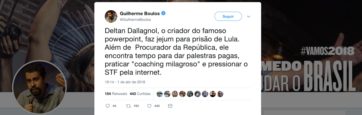 "Deltan Dallagnol, o criador do famoso powerpoint, faz jejum para prisão de Lula. Além de Procurador da República, ele encontra tempo para dar palestras pagas, praticar 'coaching milagroso' e pressionar o STF pela internet", diz Guilherme Boulos, que concorrerá à presidência pelo Psol; neste domingo, Dallagnol anunciou seu jejum pela prisão de Lula (Foto: Leonardo Attuch) "Deltan Dallagnol, o criador do famoso powerpoint, faz jejum para prisão de Lula. Além de Procurador da República, ele encontra tempo para dar palestras pagas, praticar 'coaching milagroso' e pressionar o STF pela internet", diz Guilherme Boulos, que concorrerá à presidência pelo Psol; neste domingo, Dallagnol anunciou seu jejum pela prisão de Lula