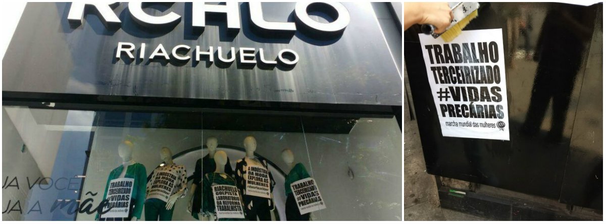 Militantes feministas da Marcha Mundial das Mulheres realizaram em várias cidades do país um ato em solidariedade às vítimas do desmoronamento do Rana Plaza, em 2013, em Bangladesh; as lojas Riachuelo foram escolhidas como o alvo em 2018 em razão do apoio do empresário Flávio Rocha ao golpe contra a ex-presidenta Dilma Rousseff e da precarização do trabalho pela empresa (Foto: Gisele Federicce) Militantes feministas da Marcha Mundial das Mulheres realizaram em várias cidades do país um ato em solidariedade às vítimas do desmoronamento do Rana Plaza, em 2013, em Bangladesh; as lojas Riachuelo foram escolhidas como o alvo em 2018 em razão do apoio do empresário Flávio Rocha ao golpe contra a ex-presidenta Dilma Rousseff e da precarização do trabalho pela empresa