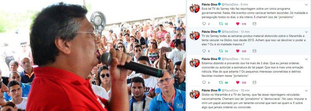 O governador Flávio Dino (PCdoB) usou as redes sociais para afirmar que a matéria da TV Mirante é um ataque capitaneado pelo grupo Sarney, dono da TV afiliada à Globo; 'o governo está provando que não autorizou a assinatura do memorando falso da PM', disse Dino, que classificou como uma armação ridícula que 'os pequenos interesses coronelistas e delírios fascistas insistem nesse “jornalismo” (Foto: Voney Malta) O governador Flávio Dino (PCdoB) usou as redes sociais para afirmar que a matéria da TV Mirante é um ataque capitaneado pelo grupo Sarney, dono da TV afiliada à Globo; 'o governo está provando que não autorizou a assinatura do memorando falso da PM', disse Dino, que classificou como uma armação ridícula que 'os pequenos interesses coronelistas e delírios fascistas insistem nesse “jornalismo”