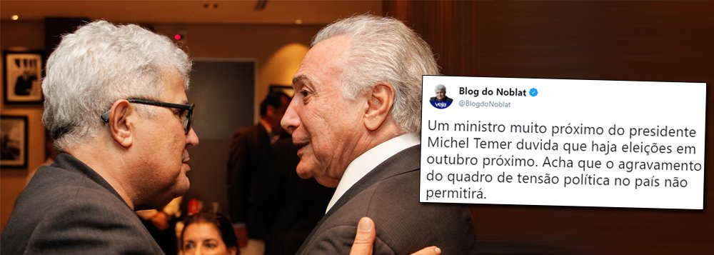 Um dos apoiadores do golpe de 2016, que se tornou figura próxima a Michel Temer, o jornalista Ricardo Noblat, colunista da revista Veja, já fala que pode não haver eleições neste ano; "Um ministro muito próximo do presidente Michel Temer duvida que haja eleições em outubro próximo. Acha que o agravamento do quadro de tensão política no país não permitirá", diz Noblat pelo Twitter; comentário acontece em meio ao agravamento da escalada fascista, que nessa terça-feira, 27, resultou em um ataque a tiros contra a ônibus da caravana do ex-presidente Lula, líder em todas as pesquisas (Foto: Aquiles Lins) Um dos apoiadores do golpe de 2016, que se tornou figura próxima a Michel Temer, o jornalista Ricardo Noblat, colunista da revista Veja, já fala que pode não haver eleições neste ano; "Um ministro muito próximo do presidente Michel Temer duvida que haja eleições em outubro próximo. Acha que o agravamento do quadro de tensão política no país não permitirá", diz Noblat pelo Twitter; comentário acontece em meio ao agravamento da escalada fascista, que nessa terça-feira, 27, resultou em um ataque a tiros contra a ônibus da caravana do ex-presidente Lula, líder em todas as pesquisas