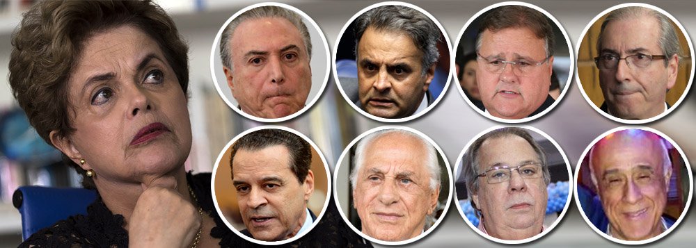 Derrubada pelo golpe mais surreal da história, o dos corruptos contra a presidente honesta, Dilma Rousseff fez uma profecia que vem se realizando: a de que não restará pedra sobre pedra; com o strike desta quinta-feira, três dos principais operadores de Michel Temer – José Yunes, coronel Lima e Wagner Rossi – foram presos, juntando-se a vários outros que já caíram, como Eduardo Cunha, Geddel Vieira Lima e Henrique Alves; se isso não bastasse, o articulador maior do golpe dos corruptos, senador Aécio Neves (PSDB-MG), também deve se tornar réu em razão do escândalo JBS; enquanto golpistas caem e se afundam em seu próprio mar de lama, Dilma fica de pé (Foto: Leonardo Attuch) Derrubada pelo golpe mais surreal da história, o dos corruptos contra a presidente honesta, Dilma Rousseff fez uma profecia que vem se realizando: a de que não restará pedra sobre pedra; com o strike desta quinta-feira, três dos principais operadores de Michel Temer – José Yunes, coronel Lima e Wagner Rossi – foram presos, juntando-se a vários outros que já caíram, como Eduardo Cunha, Geddel Vieira Lima e Henrique Alves; se isso não bastasse, o articulador maior do golpe dos corruptos, senador Aécio Neves (PSDB-MG), também deve se tornar réu em razão do escândalo JBS; enquanto golpistas caem e se afundam em seu próprio mar de lama, Dilma fica de pé