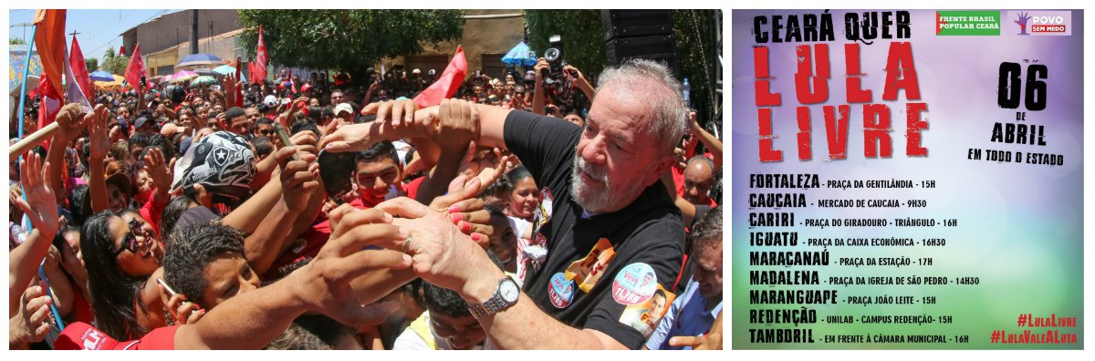 Desde a decretação da prisão de Lula, pelo juiz Sérgio Moro, a mobilização popular só aumenta, em todo o Brasil, na defesa do ex-presidente. Em Fortaleza, imediatamente após a divulgação da notícia, no início da noite, a sede estadual do Partido dos Trabalhadores ficou lotada de apoiadores do ex-presidente. Para hoje estão marcadas manifestações em várias cidades. Em Fortaleza, a concentração será as 15 horas, na Praça da Gentilândia. Agora pela manhã estudantes da Universidade Federal (UFC) fizeram manifestação e fecharam a Av. da Universidade e o MST fechou a rodovia que liga Santa Quitéria a Canindé
(Foto: Fatima 247) Desde a decretação da prisão de Lula, pelo juiz Sérgio Moro, a mobilização popular só aumenta, em todo o Brasil, na defesa do ex-presidente. Em Fortaleza, imediatamente após a divulgação da notícia, no início da noite, a sede estadual do Partido dos Trabalhadores ficou lotada de apoiadores do ex-presidente. Para hoje estão marcadas manifestações em várias cidades. Em Fortaleza, a concentração será as 15 horas, na Praça da Gentilândia. Agora pela manhã estudantes da Universidade Federal (UFC) fizeram manifestação e fecharam a Av. da Universidade e o MST fechou a rodovia que liga Santa Quitéria a Canindé