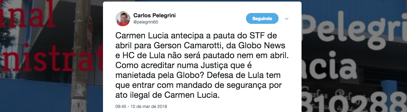 Essa é a questão levantada pelo advogado Carlos Pellegrini, após a decisão da ministra Cármen Lúcia de não pautar a questão das prisões em segunda instância e antecipar sua decisão a um jornalista da casa; "Carmen Lucia antecipa a pauta do STF de abril para Gerson Camarotti, da Globo News e HC de Lula não será pautado nem em abril. Como acreditar numa Justiça que é manietada pela Globo? Defesa de Lula tem que entrar com mandado de segurança por ato ilegal de Carmen Lucia", diz ele (Foto: Leonardo Attuch) Essa é a questão levantada pelo advogado Carlos Pellegrini, após a decisão da ministra Cármen Lúcia de não pautar a questão das prisões em segunda instância e antecipar sua decisão a um jornalista da casa; "Carmen Lucia antecipa a pauta do STF de abril para Gerson Camarotti, da Globo News e HC de Lula não será pautado nem em abril. Como acreditar numa Justiça que é manietada pela Globo? Defesa de Lula tem que entrar com mandado de segurança por ato ilegal de Carmen Lucia", diz ele