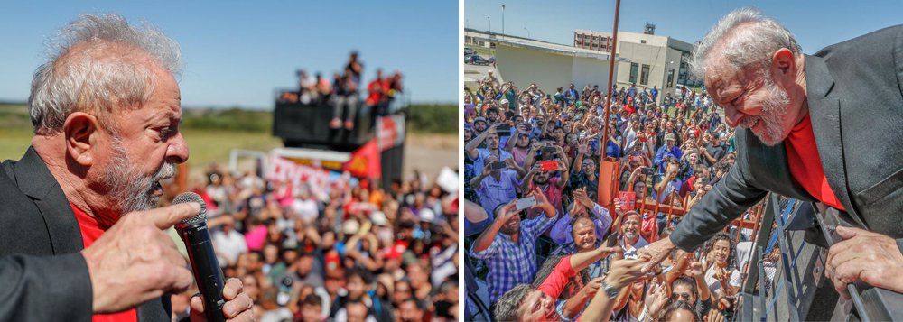 No primeiro dia da caravana pela região Sul do País, o ex-presidente Lula visitou a Universidade Federal do Pampa (Unipampa), inaugurada por ele em 2005, e defendeu o direito de se candidatar à presidência da República; "Nós queremos democracia. E democracia pressupõe eleição. E se eles estão preocupados com o fato de eu ser candidato, eles podem saber que vamos ganhar", disse Lula; "Eu vou visitar 26 cidades até Curitiba pra mostrar que nós queremos e sabemos cuidar desse país. Não me preocupo com quem está protestando contra, amanhã eles estarão batendo palma em sinal de aprovação ao governo que faremos nesse país", disse Lula sobre manifestantes contrários ao ex-presidente (Foto: Aquiles Lins) No primeiro dia da caravana pela região Sul do País, o ex-presidente Lula visitou a Universidade Federal do Pampa (Unipampa), inaugurada por ele em 2005, e defendeu o direito de se candidatar à presidência da República; "Nós queremos democracia. E democracia pressupõe eleição. E se eles estão preocupados com o fato de eu ser candidato, eles podem saber que vamos ganhar", disse Lula; "Eu vou visitar 26 cidades até Curitiba pra mostrar que nós queremos e sabemos cuidar desse país. Não me preocupo com quem está protestando contra, amanhã eles estarão batendo palma em sinal de aprovação ao governo que faremos nesse país", disse Lula sobre manifestantes contrários ao ex-presidente