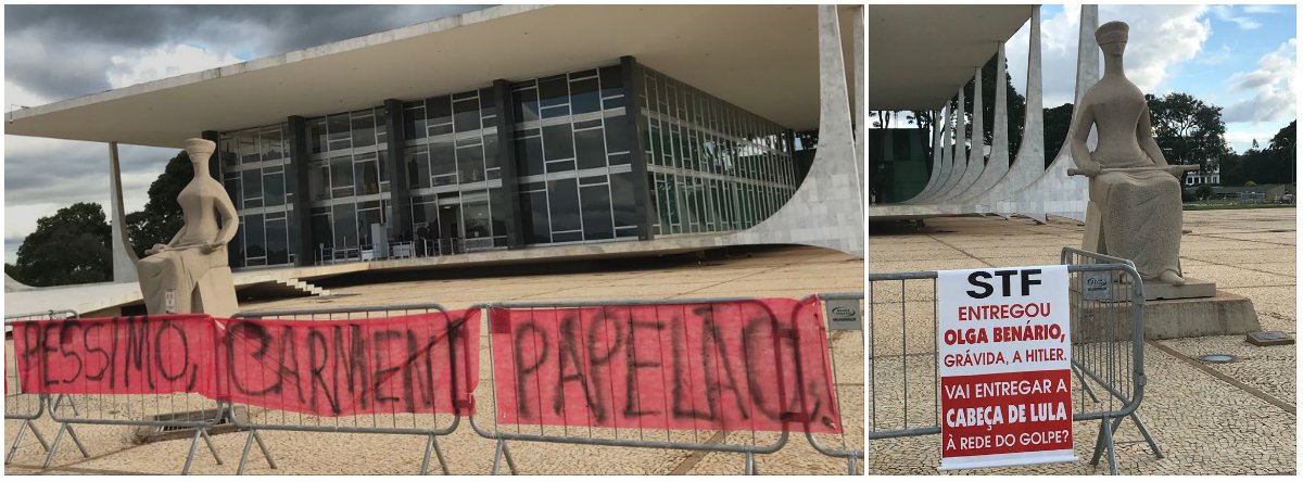 Organizado pelo Movimento das Mulheres com Lula pela Democracia, o ato criticou o encontro fora da agenda da presidente do STF, ministra Cármen Lúcia, com Michel Temer no fim de semana, e a resistência da ministra em pautar o habeas corpus do ex-presidente Lula e ainda a questão da prisão após condenação em segunda instância, mesmo com o pedido de outros ministros; uma faixa colocada na frente do Supremo traz a mensagem: "péssimo, Cármen. Papelão"; para Zezé Weiss, uma das organizadoras do ato, o encontro de Cármen com Temer é "um escárnio, um tapa na cara da sociedade"; "Agora não é 'com Supremo, com tudo", mas sim "com Cármen Lúcia, com Supremo, com tudo", diz (Foto: Gisele Federicce) Organizado pelo Movimento das Mulheres com Lula pela Democracia, o ato criticou o encontro fora da agenda da presidente do STF, ministra Cármen Lúcia, com Michel Temer no fim de semana, e a resistência da ministra em pautar o habeas corpus do ex-presidente Lula e ainda a questão da prisão após condenação em segunda instância, mesmo com o pedido de outros ministros; uma faixa colocada na frente do Supremo traz a mensagem: "péssimo, Cármen. Papelão"; para Zezé Weiss, uma das organizadoras do ato, o encontro de Cármen com Temer é "um escárnio, um tapa na cara da sociedade"; "Agora não é 'com Supremo, com tudo", mas sim "com Cármen Lúcia, com Supremo, com tudo", diz