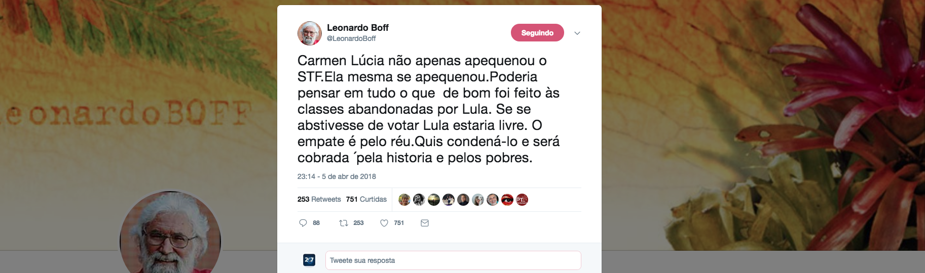 O teólogo Leonardo Boff diz que Cármen Lúcia, presidente do STF, é a responsável pela prisão ilegal do ex-presidente Lula e diz que ela será cobrada não apenas pela história, mas também pelos mais pobres, que são as principais vítimas do golpe de 2016 no Brasil, e que prossegue com a caçada a Lula (Foto: Leonardo Attuch) O teólogo Leonardo Boff diz que Cármen Lúcia, presidente do STF, é a responsável pela prisão ilegal do ex-presidente Lula e diz que ela será cobrada não apenas pela história, mas também pelos mais pobres, que são as principais vítimas do golpe de 2016 no Brasil, e que prossegue com a caçada a Lula