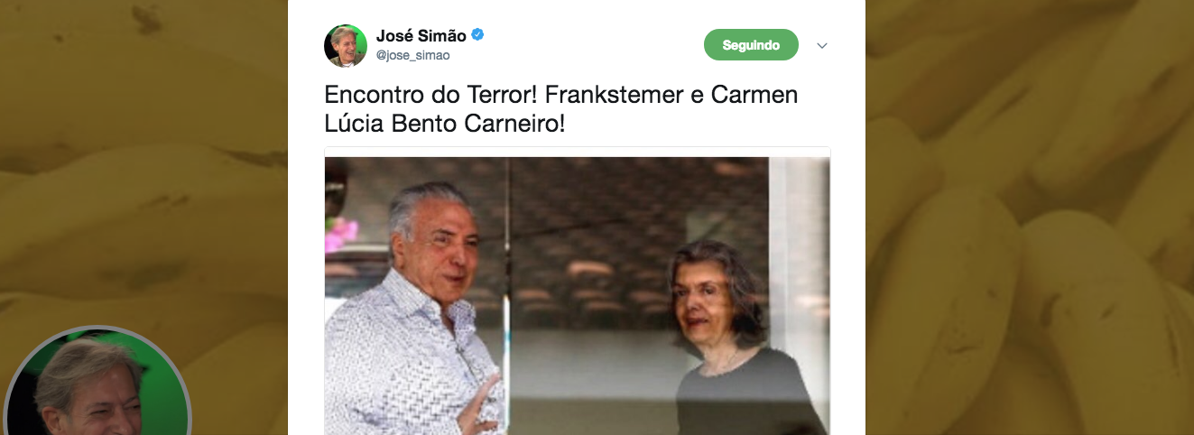 "Encontro do Terror! Frankstemer e Carmen Lúcia Bento Carneiro!", escreveu o colunista José Simão, sobre a reunião fora da agenda entre um investigado por corrupção e a presidente do Supremo Tribunal Federal (Foto: Leonardo Attuch) "Encontro do Terror! Frankstemer e Carmen Lúcia Bento Carneiro!", escreveu o colunista José Simão, sobre a reunião fora da agenda entre um investigado por corrupção e a presidente do Supremo Tribunal Federal