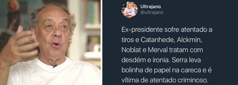 O jornalista José Trajano reagiu com indignação aos comentários de aplauso ao fascismo praticado contra a caravana do ex-presidente Lula no sul do Paraná; "Ex-presidente sofre atentado a tiros e Catanhede, Alckmin, Noblat e Merval tratam com desdém e ironia. Serra leva bolinha de papel na careca e é vítima de atentado criminoso", disse Trajano (Foto: Aquiles Lins) O jornalista José Trajano reagiu com indignação aos comentários de aplauso ao fascismo praticado contra a caravana do ex-presidente Lula no sul do Paraná; "Ex-presidente sofre atentado a tiros e Catanhede, Alckmin, Noblat e Merval tratam com desdém e ironia. Serra leva bolinha de papel na careca e é vítima de atentado criminoso", disse Trajano