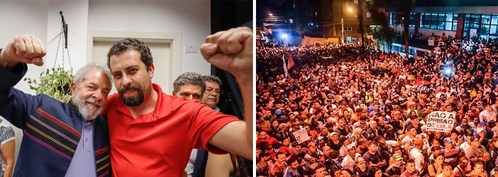 Líder do MTST e da Frente Povo Sem Medo, Guilherme Boulos discursa no ato em São Bernardo e diz que a cidade "é a capital da resistência democrática"; apoiadores aguardam o pronunciamento histórico do ex-presidente Lula, que não se entregou à Polícia Federal no prazo determinado por Sergio Moro, às 17h; "Se alguém rasgou a Constituição foi quem condenou sem provas", declarou o pré-candidato do PSOL; "Estamos aqui para garantir a Constituição", reforçou (Foto: Gisele Federicce) Líder do MTST e da Frente Povo Sem Medo, Guilherme Boulos discursa no ato em São Bernardo e diz que a cidade "é a capital da resistência democrática"; apoiadores aguardam o pronunciamento histórico do ex-presidente Lula, que não se entregou à Polícia Federal no prazo determinado por Sergio Moro, às 17h; "Se alguém rasgou a Constituição foi quem condenou sem provas", declarou o pré-candidato do PSOL; "Estamos aqui para garantir a Constituição", reforçou