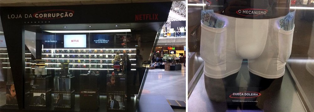 A série "O Mecanismo", da Netflix, que distorce fatos históricos contra o PT ao retratar a operação Lava Jato, montou uma loja para divulgação da série no aeroporto de Brasília; desonestidade intelectual da série dirigida por José Padilha deixou muitos brasileiros furiosos, que decidiram cancelar sua assinatura da Netflix como forma de protesto; quem está pagando a fake news da Netflix? (Foto: Aquiles Lins) A série "O Mecanismo", da Netflix, que distorce fatos históricos contra o PT ao retratar a operação Lava Jato, montou uma loja para divulgação da série no aeroporto de Brasília; desonestidade intelectual da série dirigida por José Padilha deixou muitos brasileiros furiosos, que decidiram cancelar sua assinatura da Netflix como forma de protesto; quem está pagando a fake news da Netflix?