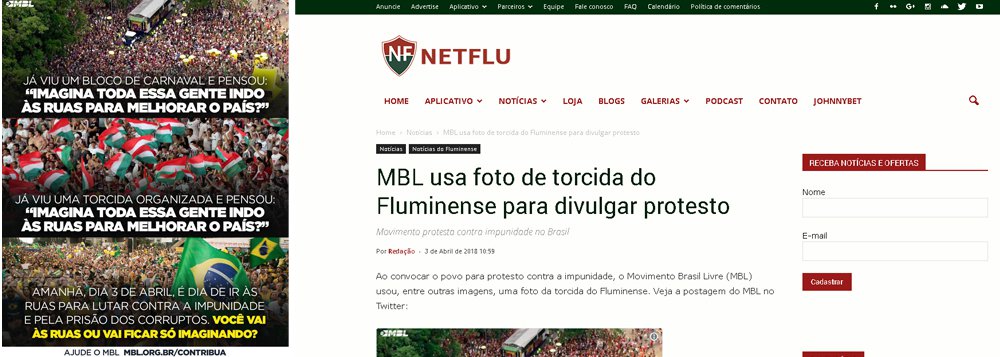Após ter uma fotografia da sua torcida utilizada pelo Movimento Brasil Livre (MBL), o próprio Fluminense repudiou o uso político da imagem; "O Fluminense Football Club é uma instituição apolítica e reprova o uso indevido da imagem de sua torcida, camisa e pavilhão", respondeu; postagem do MBL gerou revolta nos torcedores nas redes sociais (Foto: Paulo Emílio) Após ter uma fotografia da sua torcida utilizada pelo Movimento Brasil Livre (MBL), o próprio Fluminense repudiou o uso político da imagem; "O Fluminense Football Club é uma instituição apolítica e reprova o uso indevido da imagem de sua torcida, camisa e pavilhão", respondeu; postagem do MBL gerou revolta nos torcedores nas redes sociais