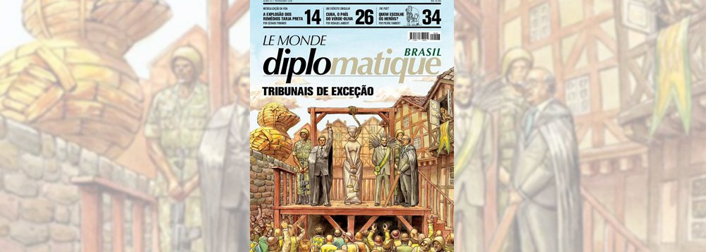 Edição deste mês de março da revista Le Monde Diplomatique Brasil traz uma capa antológica sobre os "tribunais de exceção" que se instalaram no País, e os principais atores do golpe parlamentar de 2016, como os "manifestoches" e o presidente "vampirão", ambos representados pela escola Paraíso do Tuiuti, além do pato amarelo da Fiesp, militares do Exército e a Justiça prestes a ser enforcada (Foto: Aquiles Lins) Edição deste mês de março da revista Le Monde Diplomatique Brasil traz uma capa antológica sobre os "tribunais de exceção" que se instalaram no País, e os principais atores do golpe parlamentar de 2016, como os "manifestoches" e o presidente "vampirão", ambos representados pela escola Paraíso do Tuiuti, além do pato amarelo da Fiesp, militares do Exército e a Justiça prestes a ser enforcada