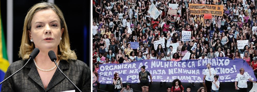 "Quem tinha preconceito, que acha que a mulher não tem que ocupar espaço, passou a se manifestar abertamente, pois se sente protegido pelos exemplos pregados por um governo golpista, com comportamento do século passado. As manifestações nas redes sociais são um espelho de tudo isso. Além das mulheres, atinge outras pessoas: LGBTs, negros, migrantes, os mais pobres, etc", diz a senadora Gleisi Hoffmann (PT-PR) (Foto: Leonardo Attuch) "Quem tinha preconceito, que acha que a mulher não tem que ocupar espaço, passou a se manifestar abertamente, pois se sente protegido pelos exemplos pregados por um governo golpista, com comportamento do século passado. As manifestações nas redes sociais são um espelho de tudo isso. Além das mulheres, atinge outras pessoas: LGBTs, negros, migrantes, os mais pobres, etc", diz a senadora Gleisi Hoffmann (PT-PR)