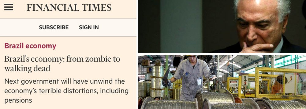Jornal britânico Financial Times destacou em seu site que a economia brasileira passou do status de "zumbi a morto vivo"; segundo o veículo de comunicação, o próximo governo terá que atuar para corrigir "terríveis distorções" econômicas, o que incluiria a reforma da Previdência; matéria, que tem como base um relatório da OCDE, aponta que a estimativa de crescimento do PIB no Brasil passará de 2,2% este ano e para 2,4% em 2019 o que, de acordo com o FT, "é uma recuperação dos mortos para uma economia que está emergindo de sua pior recessão na história e procurando pelo menos retornar ao seu tamanho anterior" (Foto: Paulo Emílio) Jornal britânico Financial Times destacou em seu site que a economia brasileira passou do status de "zumbi a morto vivo"; segundo o veículo de comunicação, o próximo governo terá que atuar para corrigir "terríveis distorções" econômicas, o que incluiria a reforma da Previdência; matéria, que tem como base um relatório da OCDE, aponta que a estimativa de crescimento do PIB no Brasil passará de 2,2% este ano e para 2,4% em 2019 o que, de acordo com o FT, "é uma recuperação dos mortos para uma economia que está emergindo de sua pior recessão na história e procurando pelo menos retornar ao seu tamanho anterior"