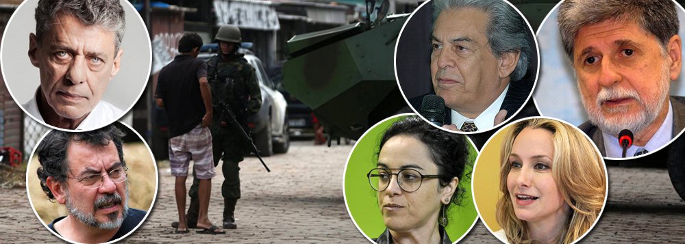Mais de 300 acadêmicos, artistas, intelectuais, políticos, juristas e movimentos sociais dedicados à defesa da democracia e dos direitos humanos assinam documento em que demonstram séria preocupação com a decretação de intervenção federal no Rio de Janeiro pelo governo Temer, "medida que indica a opção pela lógica militar para enfrentar os importantes problemas de segurança pública, com consequências sumamente graves para a população que vive nos territórios com maior incidência de violência"; entre os signatários estão Celso Bandeira de Mello, Jorge Furtado, Celso Amorim, Chico Buarque, Marcia Tiburi, Carol Proner, Frente Brasil Popular, Marcha Mundial das Mulheres e MST (Foto: Gisele Federicce) Mais de 300 acadêmicos, artistas, intelectuais, políticos, juristas e movimentos sociais dedicados à defesa da democracia e dos direitos humanos assinam documento em que demonstram séria preocupação com a decretação de intervenção federal no Rio de Janeiro pelo governo Temer, "medida que indica a opção pela lógica militar para enfrentar os importantes problemas de segurança pública, com consequências sumamente graves para a população que vive nos territórios com maior incidência de violência"; entre os signatários estão Celso Bandeira de Mello, Jorge Furtado, Celso Amorim, Chico Buarque, Marcia Tiburi, Carol Proner, Frente Brasil Popular, Marcha Mundial das Mulheres e MST