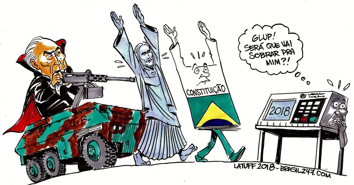 Chargista Carlos Latuff divulgou nesta segunda-feira, 19, uma charge para o 247 que mostra o terror de Michel Temer com a intervenção militar na Segurança Pública do Rio de Janeiro; charge retrata Temer num tanque do Exército com uma metralhadora apontada para o Cristo Redentor, a Constituição Brasileira, além do temor de uma urna eletrônica sobre as eleições de outubro (Foto: Aquiles Lins) Chargista Carlos Latuff divulgou nesta segunda-feira, 19, uma charge para o 247 que mostra o terror de Michel Temer com a intervenção militar na Segurança Pública do Rio de Janeiro; charge retrata Temer num tanque do Exército com uma metralhadora apontada para o Cristo Redentor, a Constituição Brasileira, além do temor de uma urna eletrônica sobre as eleições de outubro