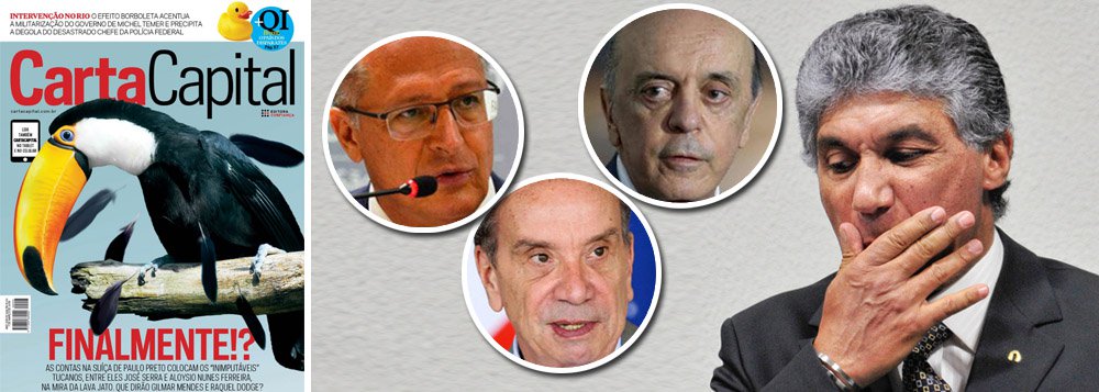 Capa da revista Carta Capital destaca o caso de Paulo Vieira de Souza, arrecadador do PSDB nas obras do Rodoanel e nos pedágios, flagrado com R$ 113 milhões na Suíça; "As contas de Paulo Preto colocam os 'inimputáveis' tucanos, entre eles José Serra e Aloysio Nunes Ferreira na mira da Lava Jato. Que dirão Gilmar Mendes e Raquel Dodge?", diz a chamada da capa; casos de propina envolvendo o nome de Paulo Preto já foram citados por sete delatores da Lava Jato (da Odebrecht, Andrade Gutierrez e pelo operador Adir Assad), e aparece em depoimentos de outros três executivos da OAS e da Queiroz Galvão que negociam acordo com procuradores (Foto: Aquiles Lins) Capa da revista Carta Capital destaca o caso de Paulo Vieira de Souza, arrecadador do PSDB nas obras do Rodoanel e nos pedágios, flagrado com R$ 113 milhões na Suíça; "As contas de Paulo Preto colocam os 'inimputáveis' tucanos, entre eles José Serra e Aloysio Nunes Ferreira na mira da Lava Jato. Que dirão Gilmar Mendes e Raquel Dodge?", diz a chamada da capa; casos de propina envolvendo o nome de Paulo Preto já foram citados por sete delatores da Lava Jato (da Odebrecht, Andrade Gutierrez e pelo operador Adir Assad), e aparece em depoimentos de outros três executivos da OAS e da Queiroz Galvão que negociam acordo com procuradores