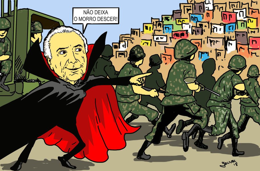 O cartunista Geuvar Oliveira publicou uma charge fazendo uma brincadeira com o decreto que prevê a intervenção federal na segurança pública do Rio anunciado por Michel Temer; de acordo com a charge, a medida não resolverá o problema da violência no estado. Na prática, as pessoas ficarão impedida de descer dos morros, uma espécie de "segregação social" (Foto: Leonardo Lucena) O cartunista Geuvar Oliveira publicou uma charge fazendo uma brincadeira com o decreto que prevê a intervenção federal na segurança pública do Rio anunciado por Michel Temer; de acordo com a charge, a medida não resolverá o problema da violência no estado. Na prática, as pessoas ficarão impedida de descer dos morros, uma espécie de "segregação social"