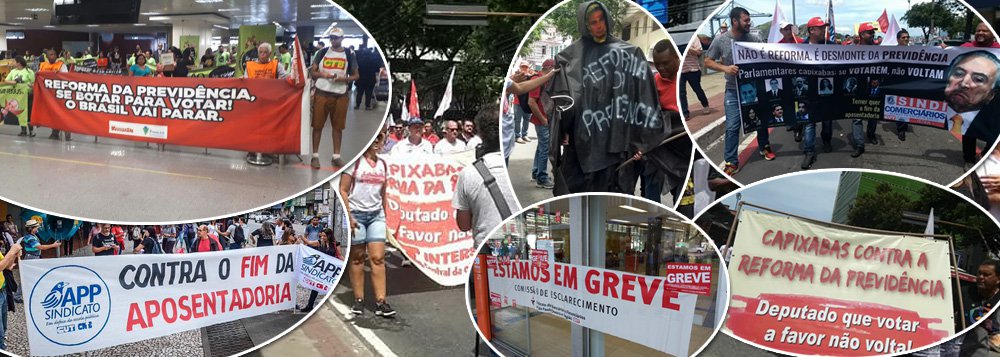 Algumas categorias, como metalúrgicos, bancários e motoristas de ônibus, pararam nesta segunda-feira 19 em protesto contra a aprovação da Reforma da Previdência do governo Temer; o texto seria colocado em votação nesta semana, mas com a intervenção federal no Rio de Janeiro, deve ser adiada; atos acontecem em várias cidades e pedem que os deputados que votarem a favor não sejam reeleitos (Foto: Gisele Federicce) Algumas categorias, como metalúrgicos, bancários e motoristas de ônibus, pararam nesta segunda-feira 19 em protesto contra a aprovação da Reforma da Previdência do governo Temer; o texto seria colocado em votação nesta semana, mas com a intervenção federal no Rio de Janeiro, deve ser adiada; atos acontecem em várias cidades e pedem que os deputados que votarem a favor não sejam reeleitos