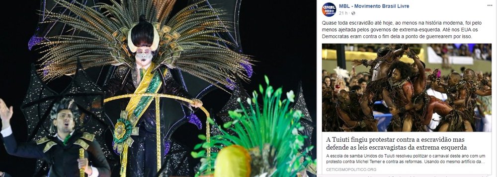 O MBL publicou, em sua página no Facebook, um artigo relativizando a escravidão no capitalismo com o propósito de desmoralizar o desfile da escola Paraíso do Tuiuti e foi desancado pelos internautas; o MBL publicou que o carnavalesco responsável pela apresentação, Jack Vasconcelos, “publicou mensagens de ódio” (Foto: Charles Nisz) O MBL publicou, em sua página no Facebook, um artigo relativizando a escravidão no capitalismo com o propósito de desmoralizar o desfile da escola Paraíso do Tuiuti e foi desancado pelos internautas; o MBL publicou que o carnavalesco responsável pela apresentação, Jack Vasconcelos, “publicou mensagens de ódio”