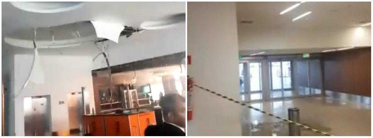 Desabou neste domingo (18) uma parte do teto do salão de embarque do Aeroporto Internacional Juscelino Kubitschek, em Brasília; o motivo do incidente foram as fortes chuvas; pelo menos uma pessoa ficou ferida, mas recebeu atendimento de brigadistas da Inframarica (Foto: Leonardo Lucena) Desabou neste domingo (18) uma parte do teto do salão de embarque do Aeroporto Internacional Juscelino Kubitschek, em Brasília; o motivo do incidente foram as fortes chuvas; pelo menos uma pessoa ficou ferida, mas recebeu atendimento de brigadistas da Inframarica