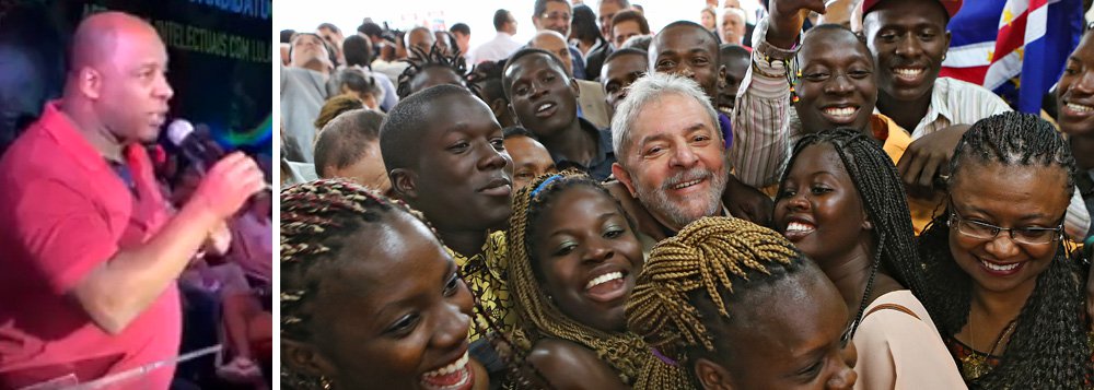 O ator Ailton Graça fez um desempenho emocionante no encontro do ex-presidente Luiz Inácio Lula da Silva com artistas e intelectuais; "Pela primeira vez, eu vi uma pessoa semeando esperança no coração da gente preta", disse ele; Graça relata que, depois de Lula, viu muitos negros se formando em universidades e se tornando bons cidadãos; "É isso que eu não quero perder"; líder em todas as pesquisas de intenção de voto, Lula pode ser impedido de disputar as próximas eleições presidenciais em razão de um processo judicial que atende à Globo, a partidos de direita e ao Departamento de Estado do governo norte-americano, que tem interesse na entrega de riquezas como o pré-sal (Foto: Leonardo Attuch) O ator Ailton Graça fez um desempenho emocionante no encontro do ex-presidente Luiz Inácio Lula da Silva com artistas e intelectuais; "Pela primeira vez, eu vi uma pessoa semeando esperança no coração da gente preta", disse ele; Graça relata que, depois de Lula, viu muitos negros se formando em universidades e se tornando bons cidadãos; "É isso que eu não quero perder"; líder em todas as pesquisas de intenção de voto, Lula pode ser impedido de disputar as próximas eleições presidenciais em razão de um processo judicial que atende à Globo, a partidos de direita e ao Departamento de Estado do governo norte-americano, que tem interesse na entrega de riquezas como o pré-sal