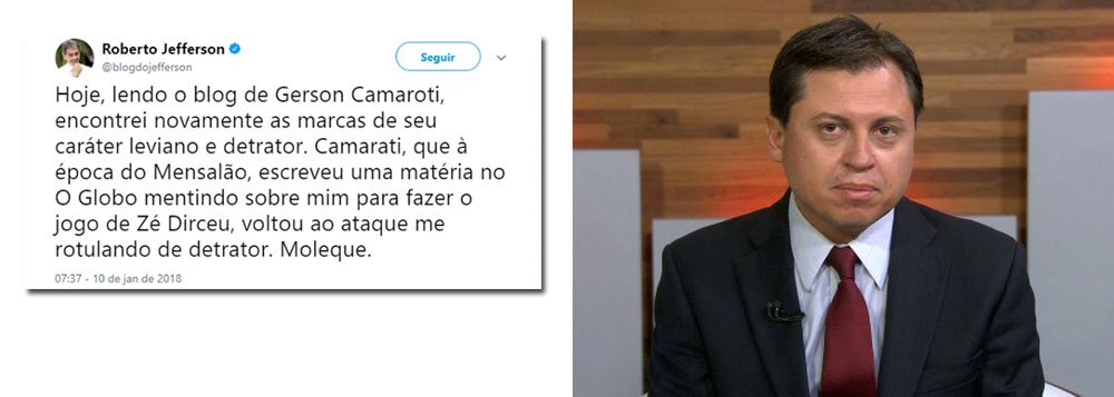 Símbolo da banda podre do Congresso, que hoje governa o Brasil tendo Michel Temer como seu fantoche, o deputado Roberto Jefferson (PTB-RJ) deixa claro que não irá aceitar a não nomeação de sua filha Cristiane Brasil – infratora das leis trabalhistas – como ministra do Trabalho e também classifica como "moleque" o jornalista Gerson Camarotti, da Globo (Foto: Leonardo Attuch) Símbolo da banda podre do Congresso, que hoje governa o Brasil tendo Michel Temer como seu fantoche, o deputado Roberto Jefferson (PTB-RJ) deixa claro que não irá aceitar a não nomeação de sua filha Cristiane Brasil – infratora das leis trabalhistas – como ministra do Trabalho e também classifica como "moleque" o jornalista Gerson Camarotti, da Globo