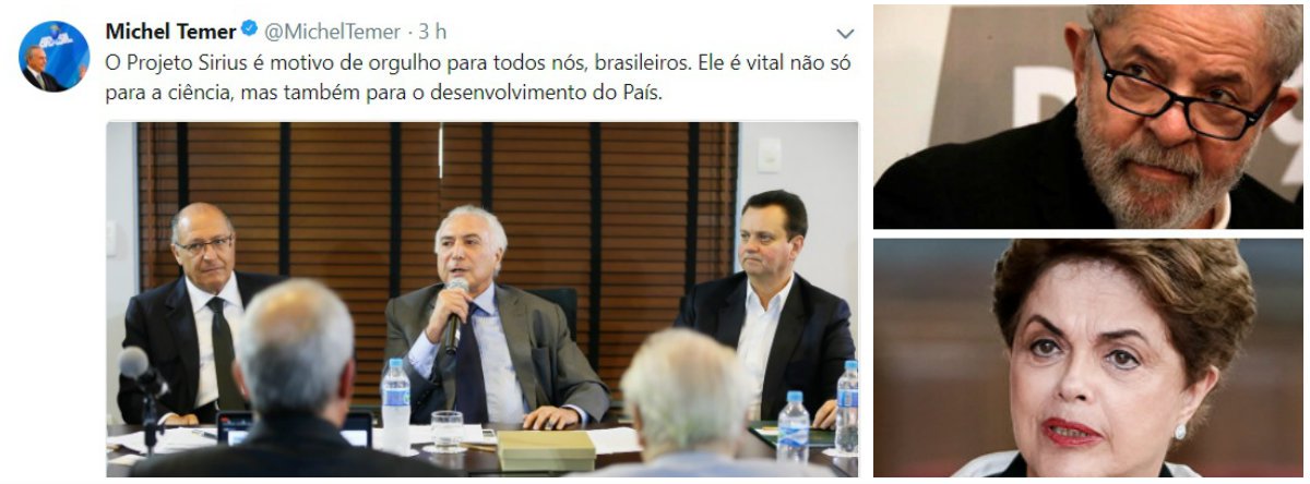 "Michel Temer visita nesta quinta-feira 15 as instalações do projeto Sirius em Campinas. Pouca gente no Brasil sabe da existência de mais este importante legado dos governos Lula e Dilma que, tal qual a transposição das águas do Rio São Francisco, eles não tiveram tempo de inaugurar. Temer tenta faturar mas, como seu crédito anda tão baixo, provavelmente não vai colar. Trata-se da mais complexa infraestrutura científica já construída no país, um acelerador de partículas que será uma das primeiras fontes geradoras de luz síncrotron de 4ª geração no mundo", destaca Tereza Cruvinel (Foto: Tereza Cruvinel) "Michel Temer visita nesta quinta-feira 15 as instalações do projeto Sirius em Campinas. Pouca gente no Brasil sabe da existência de mais este importante legado dos governos Lula e Dilma que, tal qual a transposição das águas do Rio São Francisco, eles não tiveram tempo de inaugurar. Temer tenta faturar mas, como seu crédito anda tão baixo, provavelmente não vai colar. Trata-se da mais complexa infraestrutura científica já construída no país, um acelerador de partículas que será uma das primeiras fontes geradoras de luz síncrotron de 4ª geração no mundo", destaca Tereza Cruvinel
