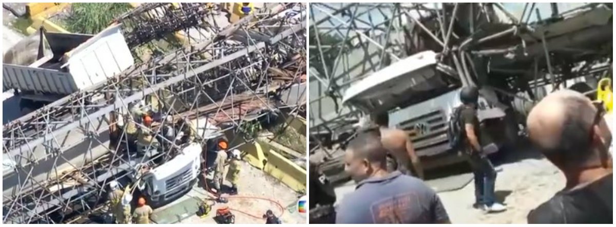Uma passarela metálica de pedestres caiu na Avenida Brasil, altura de Cordovil, zona norte do Rio de Janeiro, interditando a via expressa nos dois sentidos; o acidente teria sido provocado porque a caçamba do caminhão estaria levantada e, com o choque, acabou derrubando parte da passarela; segundo o G1, a passarela deixou ao menos um morto e um ferido (Foto: Leonardo Lucena) Uma passarela metálica de pedestres caiu na Avenida Brasil, altura de Cordovil, zona norte do Rio de Janeiro, interditando a via expressa nos dois sentidos; o acidente teria sido provocado porque a caçamba do caminhão estaria levantada e, com o choque, acabou derrubando parte da passarela; segundo o G1, a passarela deixou ao menos um morto e um ferido