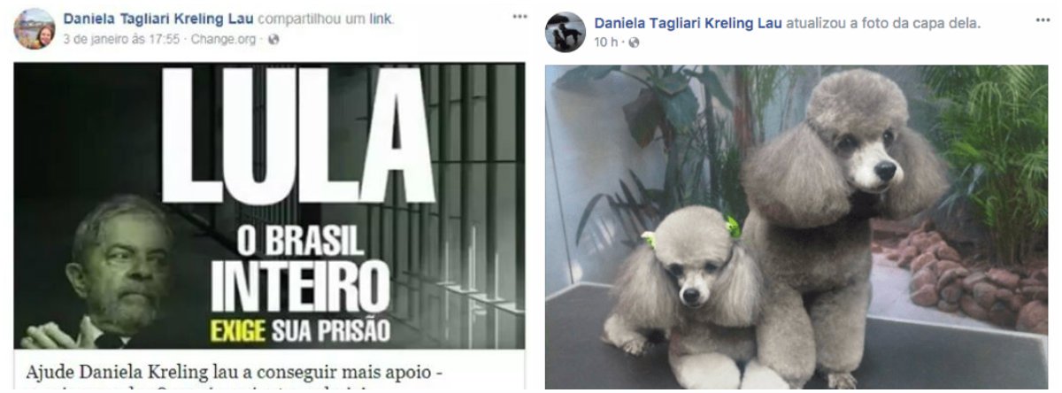 Daniela Tagliari Kreling Lau apagou de seu Facebook as postagens políticas, como a que defendia a prisão de Lula, e mesmo afagos ao MBL e ao prefeito de Porto Alegre, o tucano Nelson Marchezan, que pediu Exército na capital dia 24 de janeiro; em vez disso, ela encheu sua página de fotos de poodles (Foto: Gisele Federicce) Daniela Tagliari Kreling Lau apagou de seu Facebook as postagens políticas, como a que defendia a prisão de Lula, e mesmo afagos ao MBL e ao prefeito de Porto Alegre, o tucano Nelson Marchezan, que pediu Exército na capital dia 24 de janeiro; em vez disso, ela encheu sua página de fotos de poodles