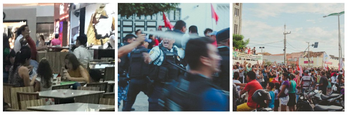 Violência física e moral contra professores, servidores, população e movimentos social e sindical voltaram a se repetir em Icó (CE), nesta quinta-feira, 22, durante ato convocado pela Federação dos Trabalhadores no Serviço Público Municipal do Estado do Ceará (Fetamce) para tentar barrar a aprovação do projeto que corta 50% do salário de 362 professores. A polícia militar e a guarda municipal atuaram novamente de forma repressiva, repetindo as cenas de violência do início da semana. A Câmara Municipal aprovou, por um voto, em segunda votação, o decreto da Prefeitura. No fim da noite de ontem, nas redes sociais, uma pessoa publicou uma foto onde a prefeita aparece lanchando em um shopping de Fortaleza "enquanto o povo era alvejado nas ruas"
(Foto: Fatima 247) Violência física e moral contra professores, servidores, população e movimentos social e sindical voltaram a se repetir em Icó (CE), nesta quinta-feira, 22, durante ato convocado pela Federação dos Trabalhadores no Serviço Público Municipal do Estado do Ceará (Fetamce) para tentar barrar a aprovação do projeto que corta 50% do salário de 362 professores. A polícia militar e a guarda municipal atuaram novamente de forma repressiva, repetindo as cenas de violência do início da semana. A Câmara Municipal aprovou, por um voto, em segunda votação, o decreto da Prefeitura. No fim da noite de ontem, nas redes sociais, uma pessoa publicou uma foto onde a prefeita aparece lanchando em um shopping de Fortaleza "enquanto o povo era alvejado nas ruas"