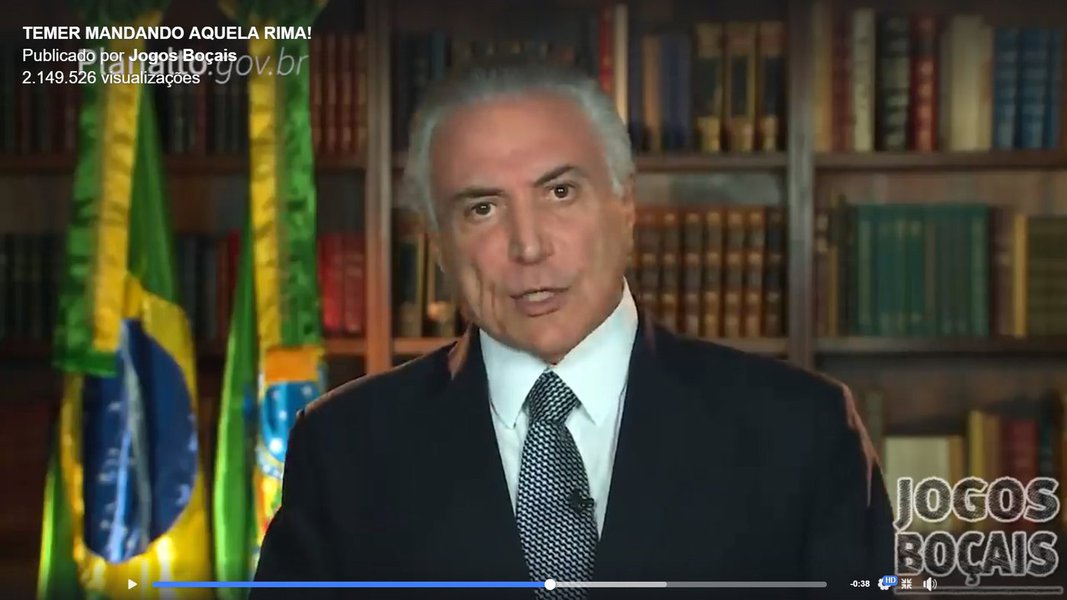 "Estou convencido: não vou ser punido e isso precisa ser mantido", diz a "letra" criada pela página Jogos Boçais no Facebook, que pega trechos de diversos discursos presidenciais; "Evidentemente continuarei à frente liderando fielmente a corrupção já existente", admite ainda Temer, no rap fictício; assista (Foto: Gisele Federicce) "Estou convencido: não vou ser punido e isso precisa ser mantido", diz a "letra" criada pela página Jogos Boçais no Facebook, que pega trechos de diversos discursos presidenciais; "Evidentemente continuarei à frente liderando fielmente a corrupção já existente", admite ainda Temer, no rap fictício; assista