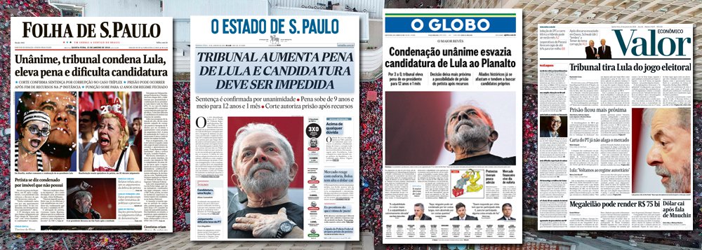 As manchetes dos principais jornais brasileiros demonstram, de forma inequívoca, que o julgamento de Lula só ocorreu para que ele fosse banido da disputa presidencial de 2018 pelo tapetão judicial. Na Folha, condenação dificulta candidatura. No Globo, esvazia. No Valor, impede, enquanto o Estado de S. Paulo adianta que o registro de Lula deve ser barrado. Foi exatamente para que este objetivo fosse alcançado que o Brasil sofreu dois golpes sequenciais – o de 2016, com a derrubada de Dilma sem crime de responsabilidade, e o de 2018, com a condenação de Lula sem provas; a questão é: o povo vai aceitar? (Foto: Leonardo Attuch) As manchetes dos principais jornais brasileiros demonstram, de forma inequívoca, que o julgamento de Lula só ocorreu para que ele fosse banido da disputa presidencial de 2018 pelo tapetão judicial. Na Folha, condenação dificulta candidatura. No Globo, esvazia. No Valor, impede, enquanto o Estado de S. Paulo adianta que o registro de Lula deve ser barrado. Foi exatamente para que este objetivo fosse alcançado que o Brasil sofreu dois golpes sequenciais – o de 2016, com a derrubada de Dilma sem crime de responsabilidade, e o de 2018, com a condenação de Lula sem provas; a questão é: o povo vai aceitar?