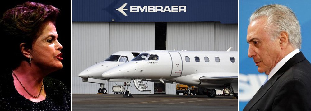 Presidente legítima e deposta Dilma Rousseff classificou nesta segunda-feira, 26, a venda da Embraer à Boeing pelo governo de Michel Temer como "gravíssima para soberania e a independência do País"; "O Brasil está sendo vendido pedaço por pedaço pelo governo golpista. Agora alienaram o controle da Embraer – 51% – para a Boeing. A desfaçatez do governo é absoluta quando diz 'só 51%'. Ora, com esse percentual estão transferindo o controle acionário para a Boeing", disse Dilma pelo Twitter; "O nosso futuro está sendo alienado pelo governo golpista. Empregos de alta qualidade estão sendo transferidos para outros Países" (Foto: Aquiles Lins) Presidente legítima e deposta Dilma Rousseff classificou nesta segunda-feira, 26, a venda da Embraer à Boeing pelo governo de Michel Temer como "gravíssima para soberania e a independência do País"; "O Brasil está sendo vendido pedaço por pedaço pelo governo golpista. Agora alienaram o controle da Embraer – 51% – para a Boeing. A desfaçatez do governo é absoluta quando diz 'só 51%'. Ora, com esse percentual estão transferindo o controle acionário para a Boeing", disse Dilma pelo Twitter; "O nosso futuro está sendo alienado pelo governo golpista. Empregos de alta qualidade estão sendo transferidos para outros Países"