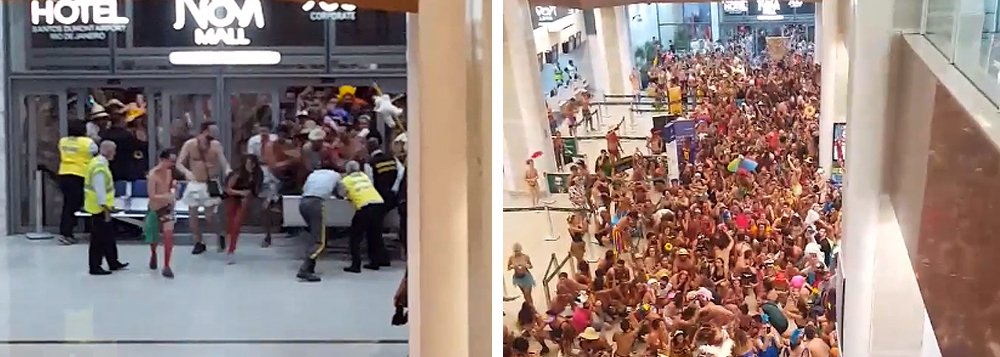 Vídeo que circula nas redes sociais mostra um enorme grupo de foliões entrando no Aeroporto Santos Dumont, no Rio, aos gritos de Fora Temer e com protestos contra o prefeito, Marcelo Crivella (Foto: Gisele Federicce) Vídeo que circula nas redes sociais mostra um enorme grupo de foliões entrando no Aeroporto Santos Dumont, no Rio, aos gritos de Fora Temer e com protestos contra o prefeito, Marcelo Crivella