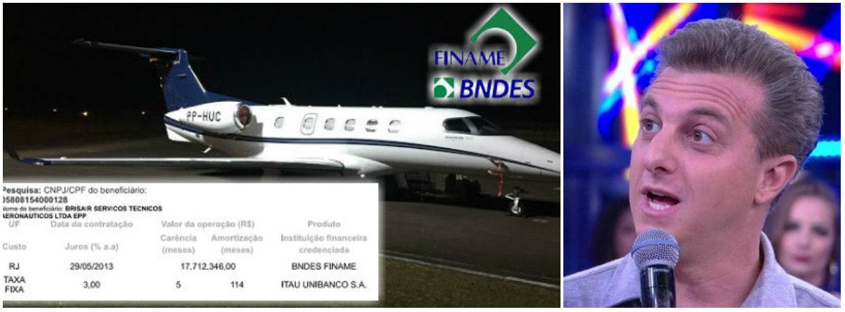 "O empresário e apresentador de TV Luciano Huck recebeu, do BNDES, um empréstimo de R$ 17,71 milhões para comprar o jatinho Phenom 505, , prefixo PP-HUC, que usa em seus deslocamentos. O crédito, tomado pela Brisair Servicos Técnicos Aeronáuticos Ltda, empresa pertencente a ele e à mulher, Angélica, foi obtido pela linha do Finame (financiamentos a máquinas e equipamentos), a juros de 3% ao ano", revela o jornalista Fernando Brito (Foto: Charles Nisz) "O empresário e apresentador de TV Luciano Huck recebeu, do BNDES, um empréstimo de R$ 17,71 milhões para comprar o jatinho Phenom 505, , prefixo PP-HUC, que usa em seus deslocamentos. O crédito, tomado pela Brisair Servicos Técnicos Aeronáuticos Ltda, empresa pertencente a ele e à mulher, Angélica, foi obtido pela linha do Finame (financiamentos a máquinas e equipamentos), a juros de 3% ao ano", revela o jornalista Fernando Brito