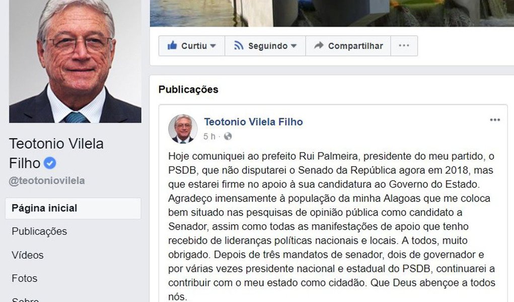 O ex-governador de Alagoas, Teotonio Vilela (PSDB), anunciou em sua rede social que não disputará o Senado nas eleições deste ano; mesmo depois de ter o seu nome envolvido pela PF no esquema de propinas de construtoras nas obras do Canal do Sertão - em 2017 foi acusado de corrupção ativa pelo executivo da Odebrecht Alexandre Biselli, um dos delatores na Operação Lava Jato -, ele sempre aparecia em segundo ou terceiro lugar nas pesquisas; Vilela elegeu-se senador em 1986, foi reeleito em 1994 e 2002, migrou para o PSDB em 1988 e se tornou presidente nacional de 1996 a 2001 (Foto: Voney Malta) O ex-governador de Alagoas, Teotonio Vilela (PSDB), anunciou em sua rede social que não disputará o Senado nas eleições deste ano; mesmo depois de ter o seu nome envolvido pela PF no esquema de propinas de construtoras nas obras do Canal do Sertão - em 2017 foi acusado de corrupção ativa pelo executivo da Odebrecht Alexandre Biselli, um dos delatores na Operação Lava Jato -, ele sempre aparecia em segundo ou terceiro lugar nas pesquisas; Vilela elegeu-se senador em 1986, foi reeleito em 1994 e 2002, migrou para o PSDB em 1988 e se tornou presidente nacional de 1996 a 2001