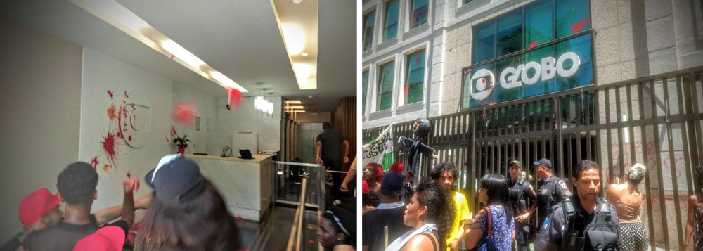Manifestantes que ocupavam a calçada da Rede Globo, no Rio de Janeiro, em apoio ao ex-presidente Lula,entraram no prédio da emissora; letreiro externo e logotipo da empresa foram manchados de vermelho; "Precisamos mostrar que o povo não aceitará uma condenação com cartas marcadas. Criou-se um espetáculo jurídico com nítida sustentação da rede Globo", afirmou Paulo Henrique, ligado ao MST (Foto: Paulo Emílio) Manifestantes que ocupavam a calçada da Rede Globo, no Rio de Janeiro, em apoio ao ex-presidente Lula,entraram no prédio da emissora; letreiro externo e logotipo da empresa foram manchados de vermelho; "Precisamos mostrar que o povo não aceitará uma condenação com cartas marcadas. Criou-se um espetáculo jurídico com nítida sustentação da rede Globo", afirmou Paulo Henrique, ligado ao MST