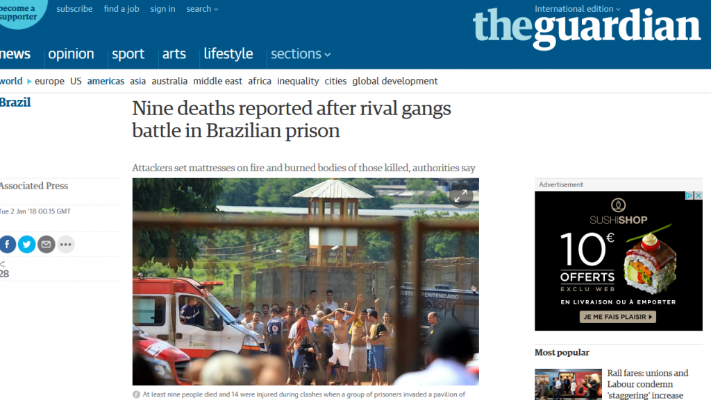 Os jornais do mundo inteiro repercutem nesta terça-feira (2) a tragédia no Complexo Prisional de Aparecida de Goiânia, em Goiás, que resultou na morte de nove detentos nessa segunda-feira (1º); britânico The Guardian destaca "Nove mortes após guerra entre gangues rivais na prisão brasileira". O diário descreve a queima de colchões e os corpos queimados (Foto: Aquiles Lins) Os jornais do mundo inteiro repercutem nesta terça-feira (2) a tragédia no Complexo Prisional de Aparecida de Goiânia, em Goiás, que resultou na morte de nove detentos nessa segunda-feira (1º); britânico The Guardian destaca "Nove mortes após guerra entre gangues rivais na prisão brasileira". O diário descreve a queima de colchões e os corpos queimados