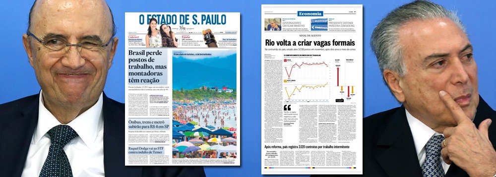 Mantida de pé pela publicidade governamental, a imprensa chapa-branca, liderada pelos jornais Globo e Estado de S. Paulo, tratou de esconder os números desastrosos do emprego, divulgados ontem; em novembro, primeiro mês da reforma trabalhista, houve 12 mil demissões; no entanto, o Estado encontrou um "mas" para destacar os resultados das montadoras e o Globo preferiu olhar para os dados do Rio, onde houve 3 mil contratações após milhões de demissões (Foto: Leonardo Attuch) Mantida de pé pela publicidade governamental, a imprensa chapa-branca, liderada pelos jornais Globo e Estado de S. Paulo, tratou de esconder os números desastrosos do emprego, divulgados ontem; em novembro, primeiro mês da reforma trabalhista, houve 12 mil demissões; no entanto, o Estado encontrou um "mas" para destacar os resultados das montadoras e o Globo preferiu olhar para os dados do Rio, onde houve 3 mil contratações após milhões de demissões