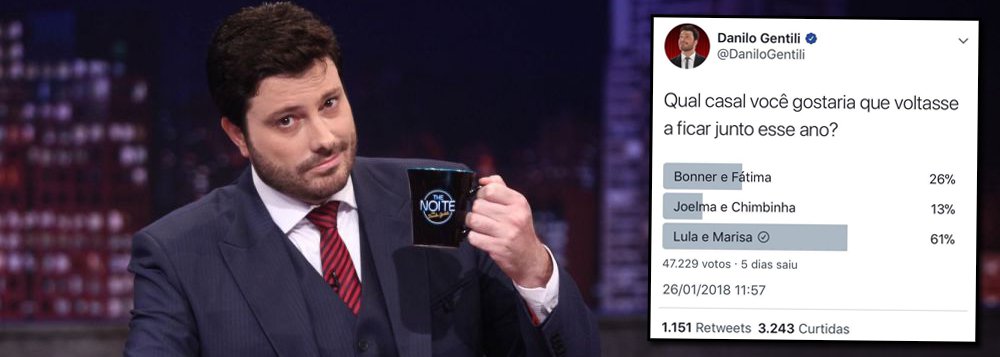 O apresentador do SBT Danilo Gentili, conhecido apoiador da ideologia de extrema-direita, divulgou em sua conta no Twitter uma enquete de cunha fascista contra o ex-presidente Lula e contra a memória da ex-primeira-dama Marisa Letícia; ele listou três casais, Lula e Marisa entre els, e perguntou qual deles o público gostaria que voltasse a ficar junto em 2018 (Foto: Aquiles Lins) O apresentador do SBT Danilo Gentili, conhecido apoiador da ideologia de extrema-direita, divulgou em sua conta no Twitter uma enquete de cunha fascista contra o ex-presidente Lula e contra a memória da ex-primeira-dama Marisa Letícia; ele listou três casais, Lula e Marisa entre els, e perguntou qual deles o público gostaria que voltasse a ficar junto em 2018