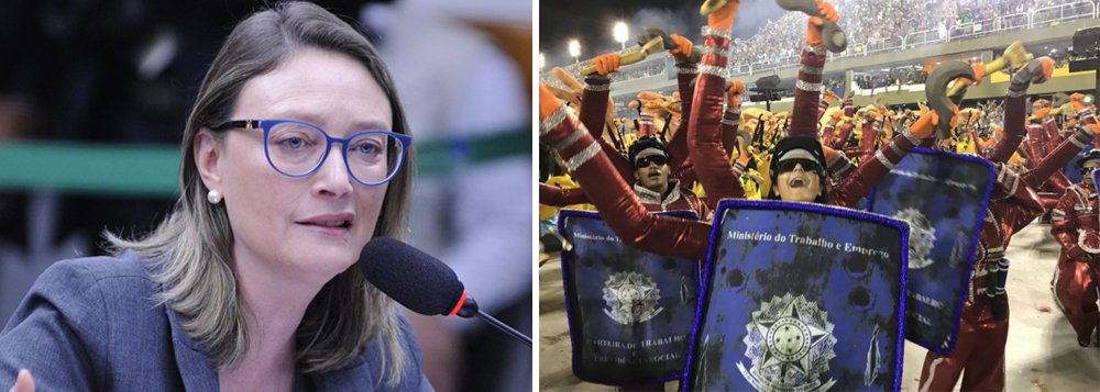 A deputada federal Maria do Rosário (PT-RS) afirmou que a escola de samba "mostrou o Inferno do Brasil: Temer vampiro, fantoches com a camiseta da seleção, a carteira de trabalho destruída, e o símbolo é um Pato Amarelo"; "E a TV foi obrigada a mostrar para o mundo. Viva o Carnaval do povo que não é bobo!", acrescentou a petista em sua conta no Twitter (Foto: Leonardo Lucena) A deputada federal Maria do Rosário (PT-RS) afirmou que a escola de samba "mostrou o Inferno do Brasil: Temer vampiro, fantoches com a camiseta da seleção, a carteira de trabalho destruída, e o símbolo é um Pato Amarelo"; "E a TV foi obrigada a mostrar para o mundo. Viva o Carnaval do povo que não é bobo!", acrescentou a petista em sua conta no Twitter