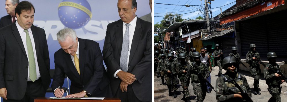 Incapaz de aprovar a reforma da Previdência e eternizado pela Tuiuti como o vampirão que governa o Brasil, Michel Temer decidiu intervir no Rio para tentar se colocar como xerife da segurança pública, ele assinou nesta sexta-feira (16), no Palácio do Planalto, o decreto de intervenção federal na segurança pública no Rio de Janeiro; em discurso na solenidade, ele comparou a criminalidade do Rio a um câncer generalizado; "O crime organizado quase tomou conta do estado do Rio de Janeiro. É uma metástase que se espalha pelo país e ameaça a tranquilidade do nosso povo", disse Temer; decisão ainda terá que passar pelo Congresso e paralisa a tramitação da Previdência (Foto: Aquiles Lins) Incapaz de aprovar a reforma da Previdência e eternizado pela Tuiuti como o vampirão que governa o Brasil, Michel Temer decidiu intervir no Rio para tentar se colocar como xerife da segurança pública, ele assinou nesta sexta-feira (16), no Palácio do Planalto, o decreto de intervenção federal na segurança pública no Rio de Janeiro; em discurso na solenidade, ele comparou a criminalidade do Rio a um câncer generalizado; "O crime organizado quase tomou conta do estado do Rio de Janeiro. É uma metástase que se espalha pelo país e ameaça a tranquilidade do nosso povo", disse Temer; decisão ainda terá que passar pelo Congresso e paralisa a tramitação da Previdência
