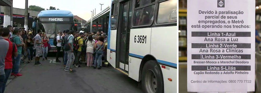Paralisação de 24 horas dos metroviários afeta parcialmente a operação do metrô hoje (18) na cidade de São Paulo; grevistas são contra a concessão à iniciativa privada das linhas 5-Lilás e 17-Ouro, cujo leilão está marcado para amanhã (19); com a greve, usuários que dependem do transporte público formam longas filas nos pontos de ônibus e a Companhia de Engenharia de Tráfego (CET) liberou os veículos de passeio do rodízio, mas manteve as restrições para caminhões e fretamento (Foto: Paulo Emílio) Paralisação de 24 horas dos metroviários afeta parcialmente a operação do metrô hoje (18) na cidade de São Paulo; grevistas são contra a concessão à iniciativa privada das linhas 5-Lilás e 17-Ouro, cujo leilão está marcado para amanhã (19); com a greve, usuários que dependem do transporte público formam longas filas nos pontos de ônibus e a Companhia de Engenharia de Tráfego (CET) liberou os veículos de passeio do rodízio, mas manteve as restrições para caminhões e fretamento