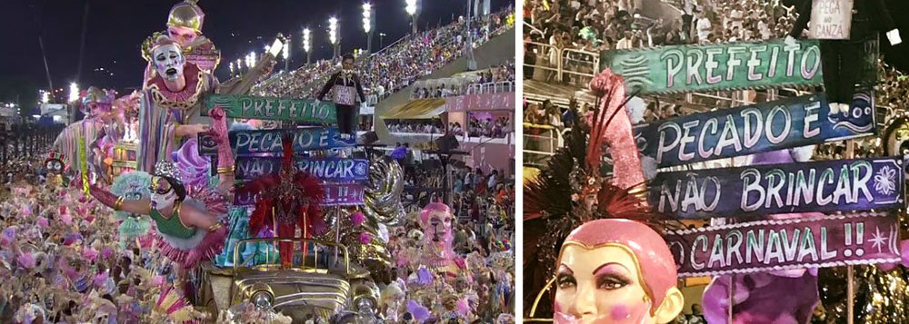 "Prefeito, pecado é não brincar no Carnaval", dizia faixa da escola de samba da Mangueira, durante a primeira noite de desfiles no sambódromo do Rio de Janeiro (Foto: Gisele Federicce) "Prefeito, pecado é não brincar no Carnaval", dizia faixa da escola de samba da Mangueira, durante a primeira noite de desfiles no sambódromo do Rio de Janeiro